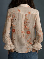 All-Season Floral Print Long Sleeve Shirt, Casual Semi-Transparent Versatile Retro Chiffon Front Button-Up Design, Flared Sleeves, Elegant Fashion Women'S Blouse - Apricot