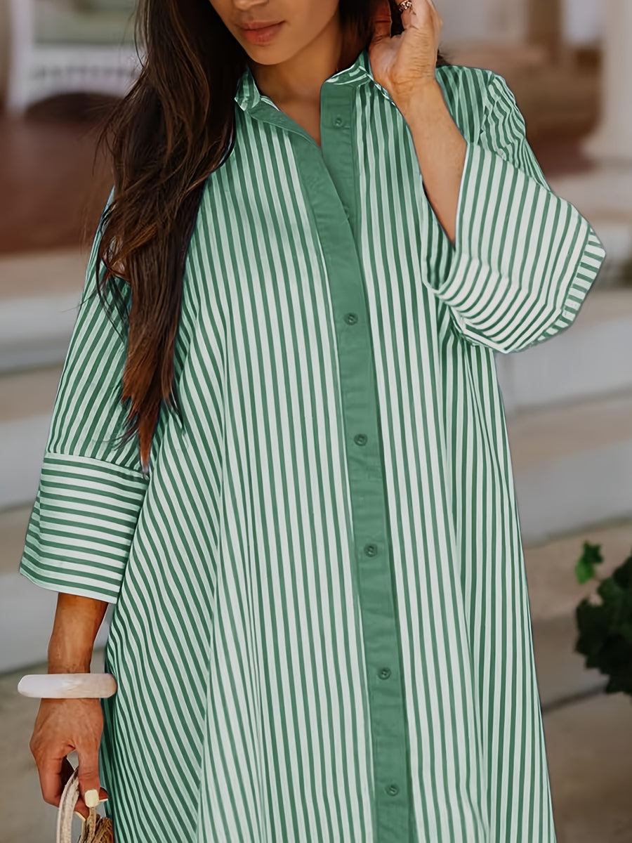 Women's Shirt Long Cape Long Elegant Striped Shirt - Green