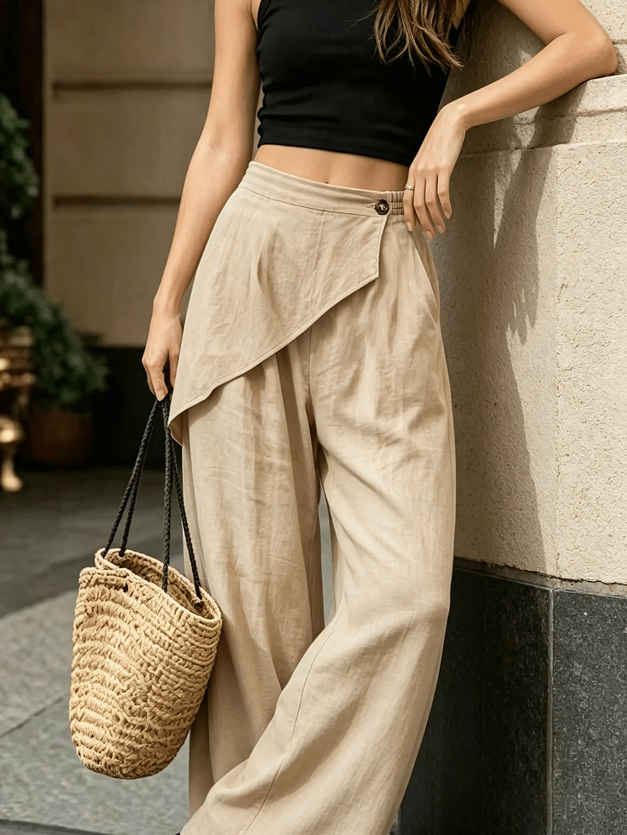 Loose Pocket Wide-Leg Pants with Bamboo Texture Design, Asymmetrical Cut And Elastic Waistband, Exuding Elegant Fashion. Suitable for Spring, Summer, Autumn, And Winter, Ideal for Vacations, Easter, Holidays, Beach, Mother'S Day, Graduation - Khaki