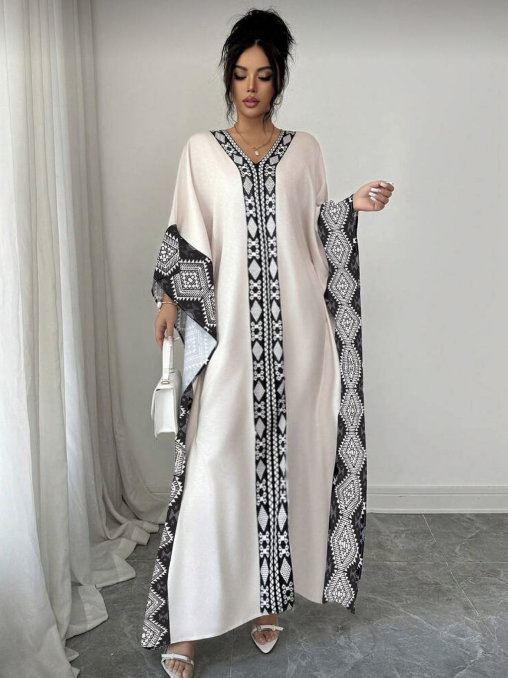 Women'S Fashion New Arrival, Elegant Placement Print V-Neck Long Batwing Sleeve Dress, Suitable for Spring/Summer Vacation - Mixed colors