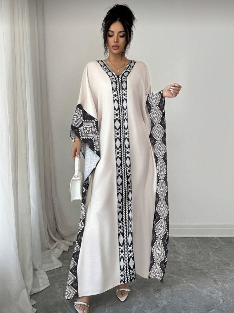 Women'S Fashion New Arrival, Elegant Placement Print V-Neck Long Batwing Sleeve Dress, Suitable for Spring/Summer Vacation - Mixed colors
