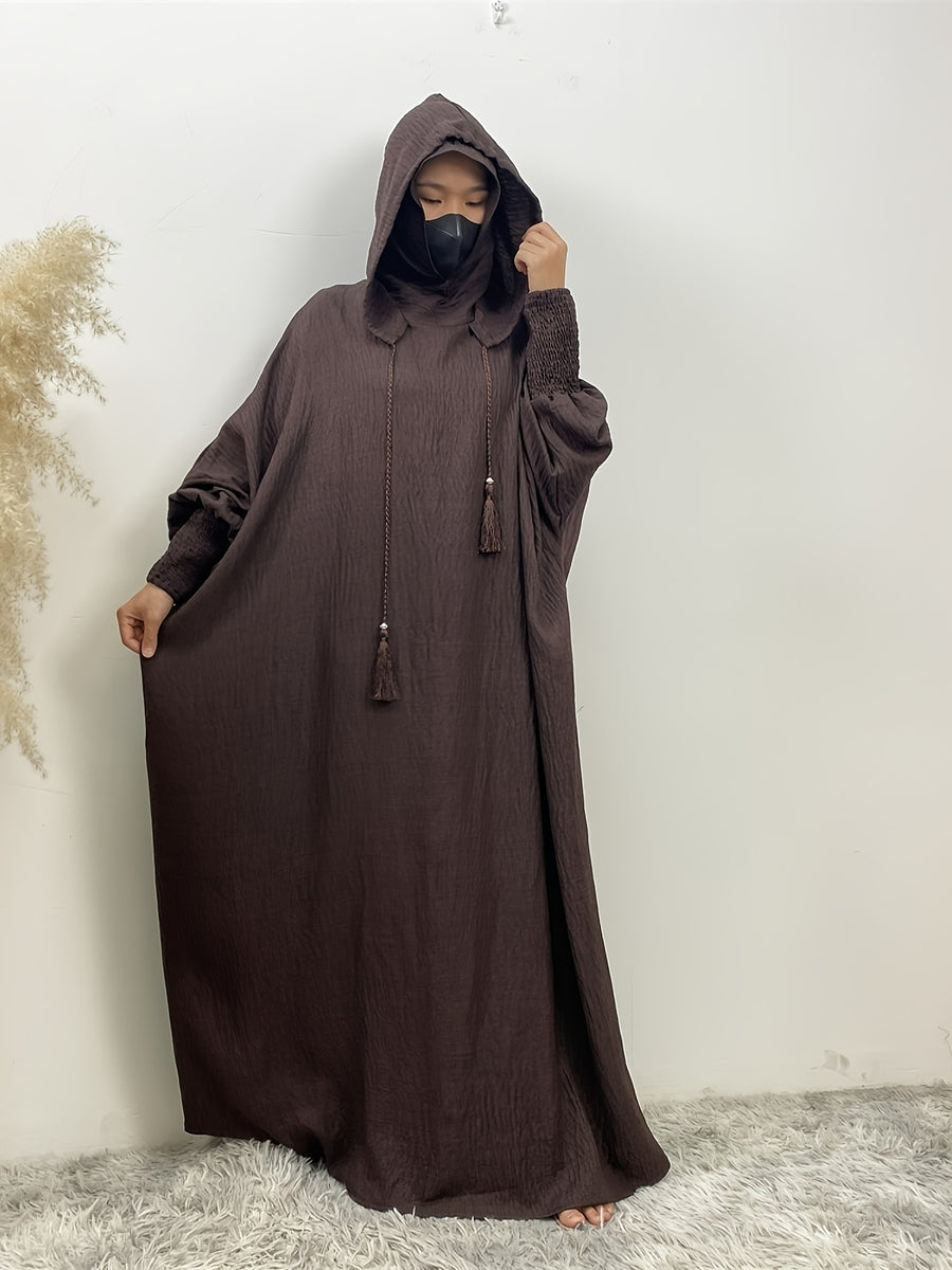 Fashionable Muslim Batwing Sleeve Hooded Abaya Casual Hooded Dress - Coffee Brown