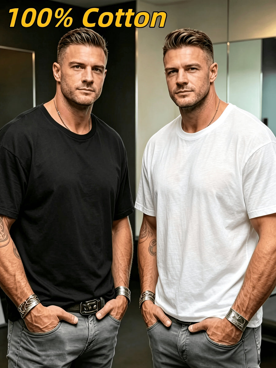 4pcs Men's 100% Pure Cotton Short-Sleeve T-Shirts, Solid Color Crew Neck Tops, Breathable Soft Plain Basic Style, Loose Fit Summer Casual Short Sleeves, Suitable for Daily Wear, Fitness, and Outdoor Outings - 2 pieces of white + 2 pieces of black