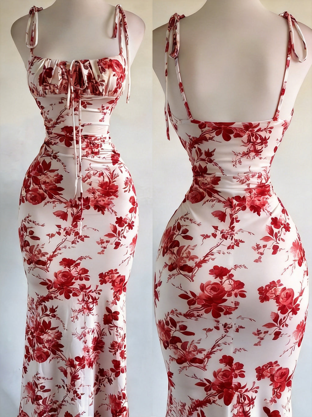 Y2K Vacation Floral Print Backless Long Fishtail Dress - Tie-String Straps, Fitted - Red