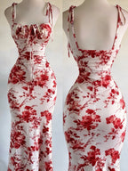 Y2K Vacation Floral Print Backless Long Fishtail Dress - Tie-String Straps, Fitted - Red