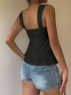 Women's Casual Drawstring Front Tie Camisole, Women's Outerwear Top, Vacation, Cute Top - Black