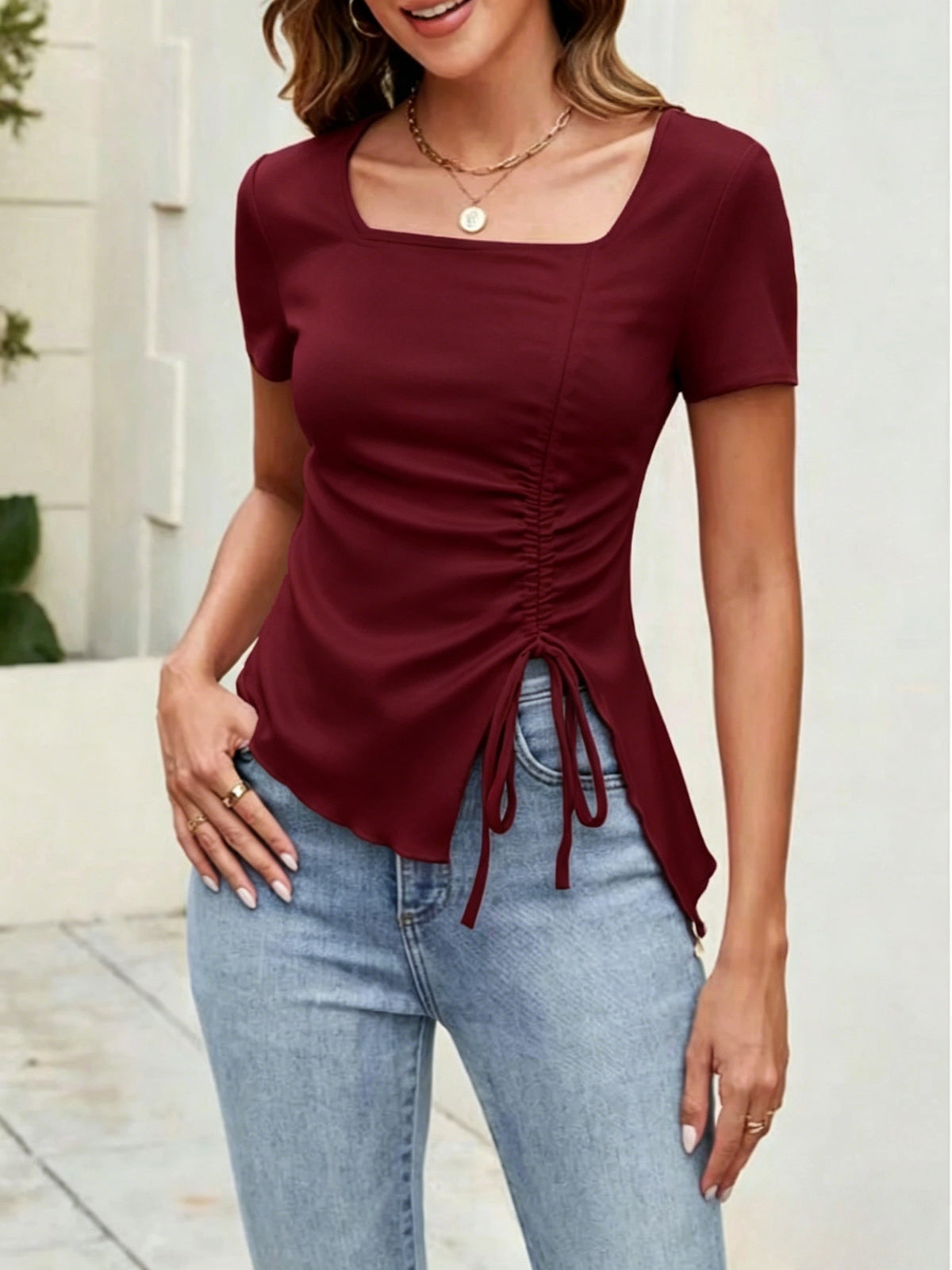 Women's Summer Square Neck Ruched Drawstring Asymmetrical Hem T-Shirt Casual Short Sleeve Slim Fit Top - Burgundy