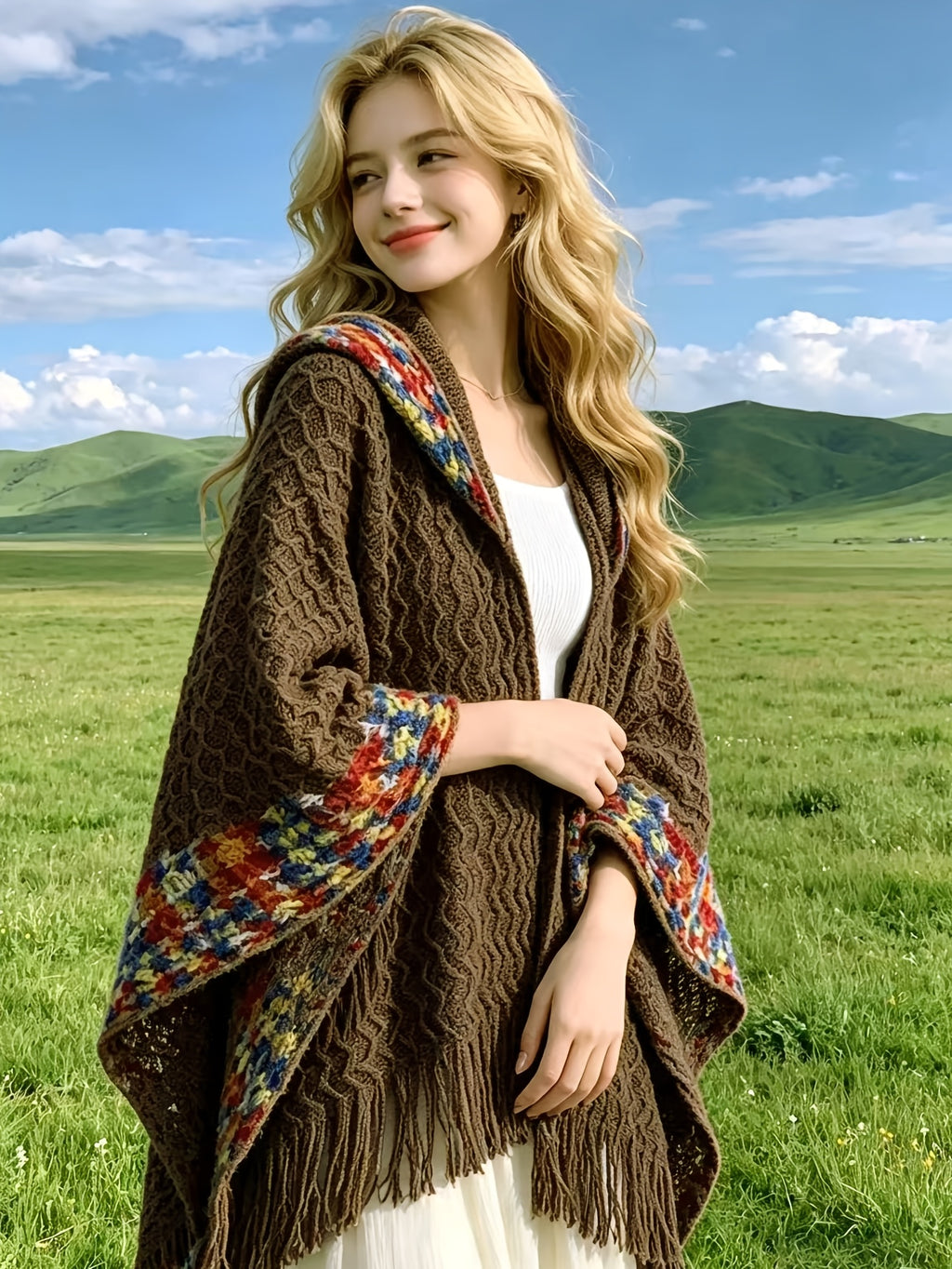 Women'S Cardigan - Autumn/Winter New Bohemian Ethnic Style Wavy Fringe Hooded Multicolor Jacket, Summer Women'S High-End Elegant Temperament Air-Conditioned Room Casual All-Match Cape Scarf, Suitable for Travel, Vacation, Photoshoot, Casual Wear - Coffee Color