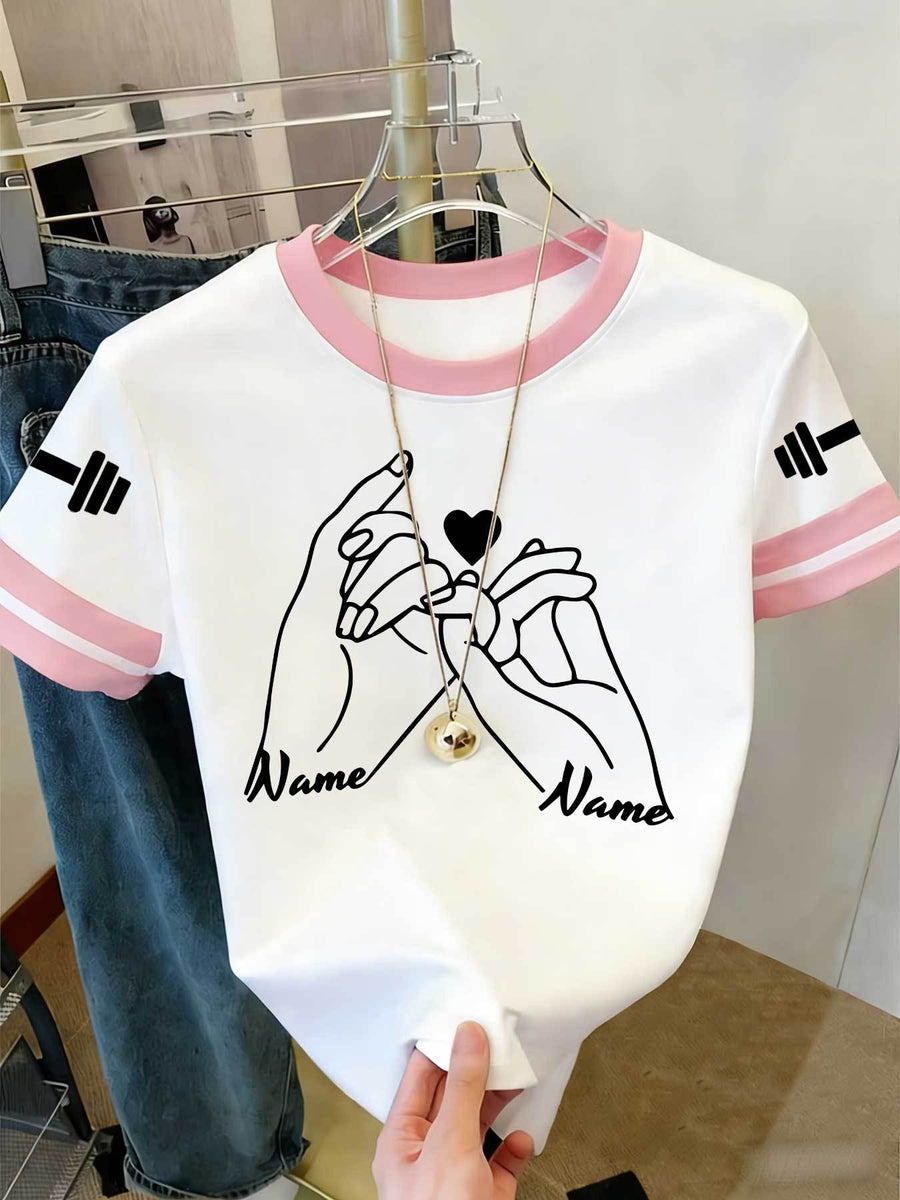 20pcs Women's Colorblock T-Shirt Single Piece, Hand-Drawn Line Art Couple Holding Hands with Heart Print, Colorblock Summer Sleeve Crew Neck Short Sleeve T-Shirt - Breathable Crew Neck Casual Sport Top, Loose Fit Spring Festival Trendy Apparel - Pink+White