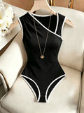 Women'S Asymmetrical Off-Shoulder Sleeveless Bodysuit, Color-Block White Edging Enhances Proportion And Height, High-Stretch Fabric Snug Fit No Bunching, Stable Hemline, Western Hot Tight Jumpsuit, Easy Pairing with Jeans And Skirts - Mixed colors