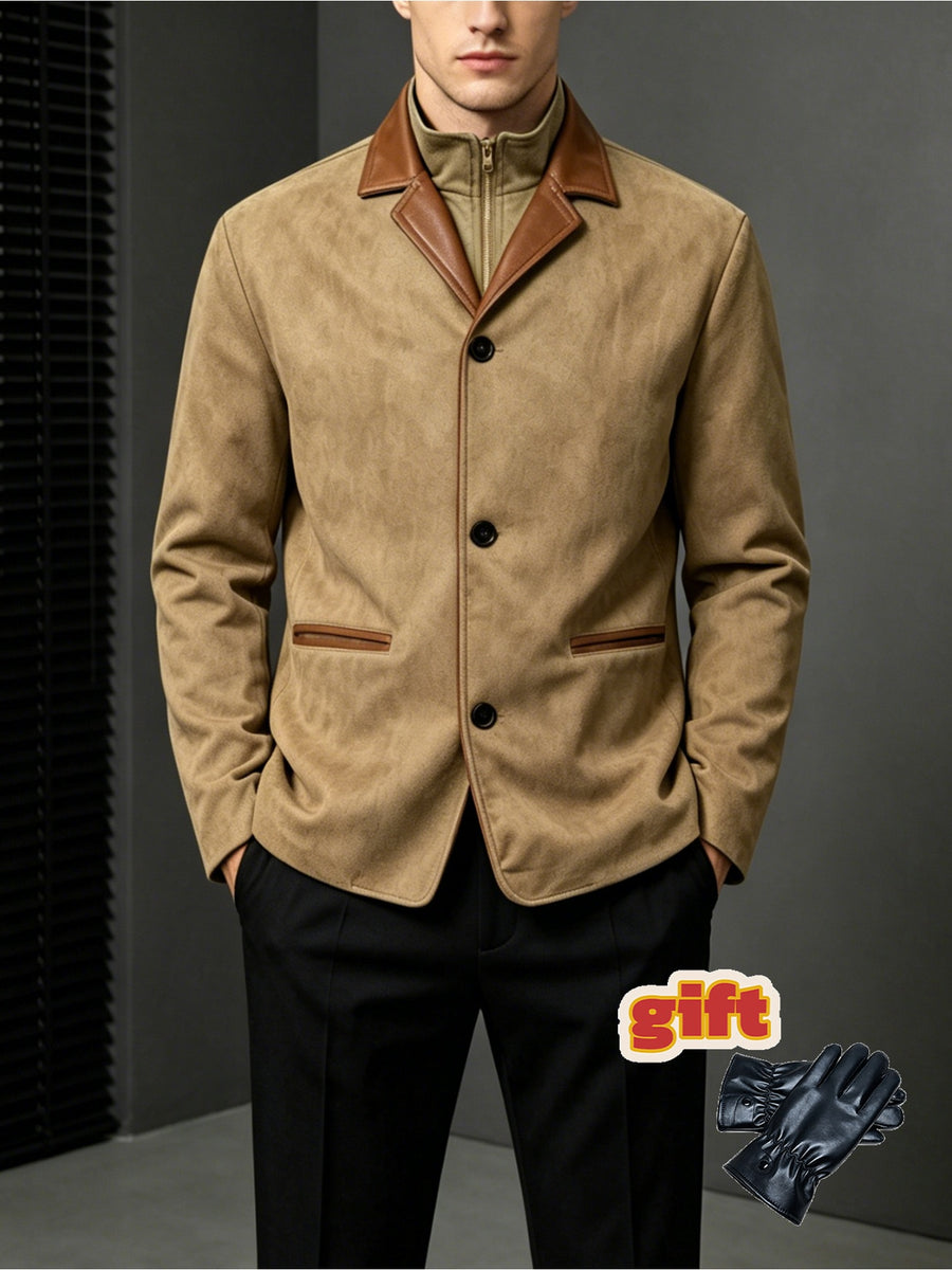Men'S Retro Color-Block Lapel Jacket, Contrast Trim 3-Button Double Pocket Coat, Business Casual All-Season Outerwear (Free Gloves) P - Khaki