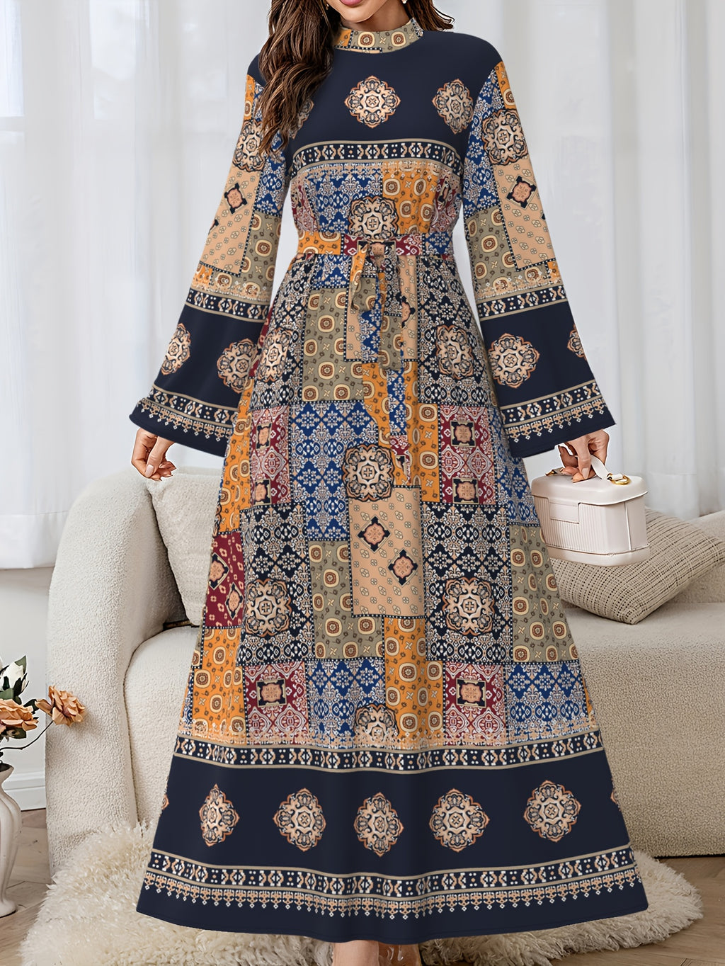 Elegant Long-Sleeved Dress for Women, Featuring a Middle Eastern Style, with a Belt, Made of Fabric, And Machine Washable - Multicolor
