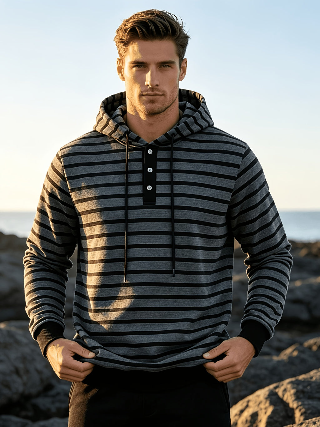 Autumn/Winter 2026 New Arrival Men's Casual Loose Striped Minimalist Trendy Color-Block Henry Hooded Sweatshirt - Dark Gray