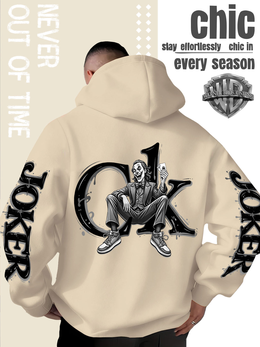 Men'S Hooded Sweatshirt, Western Trendy Cool Black And White Sketch Joker Theme Print, Sleeves with Same Series Splatter Art Lettering, Breathable And Skin-Friendly Fabric, Showcasing ' Fashion Sense, Ideal Gift for Holidays And Birthdays - Apricot