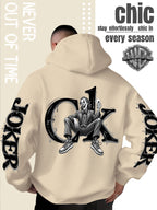 Men'S Hooded Sweatshirt, Western Trendy Cool Black And White Sketch Joker Theme Print, Sleeves with Same Series Splatter Art Lettering, Breathable And Skin-Friendly Fabric, Showcasing ' Fashion Sense, Ideal Gift for Holidays And Birthdays - Apricot