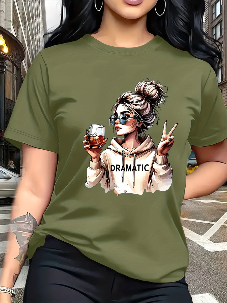 Street-style Trendy Art Print Featuring a Woman with a Bun Hairstyle and Fashion Glasses Holding a Red Wine Glass. Simple Round-neck Casual Versatile Short-sleeve Women's T-shirt, Suitable for Leisure, Travel, Vacation, and Other. 11643 - Green