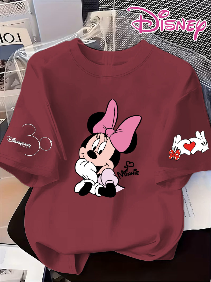 Disney Minnie Cute Short-Sleeve Women'S T-Shirt with a Heart Print, Comfortable Round-Neck Sweatshirt for Spring And Summer - Burgundy