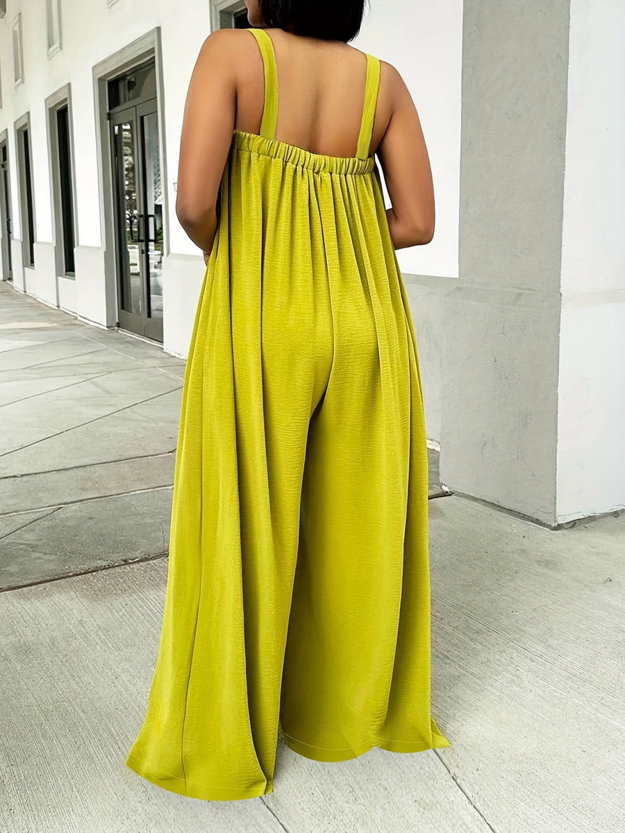 Women's Summer Casual Fashion Party Vacation Simple Solid Color Elegant Versatile Loose Straight Strap Jumpsuit - Yellow-green