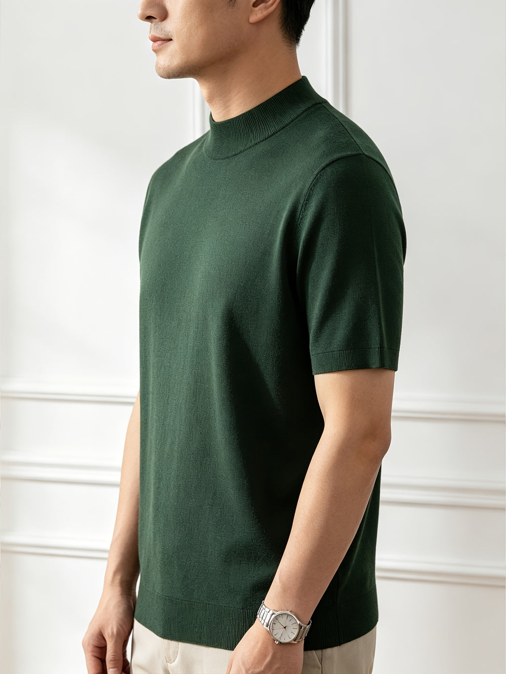 Men'S Solid Mock Neck Short Sleeve Knit Sweater, Soft Skin-Friendly Wool Blend Pullover, Stretch Slim Fit Basic Knit Top, Rib Neck Cuff, Business Commute Daily Casual Shirt, Versatile Inner And Outer Wear Men Base Layer - Post And Telecommunications Green