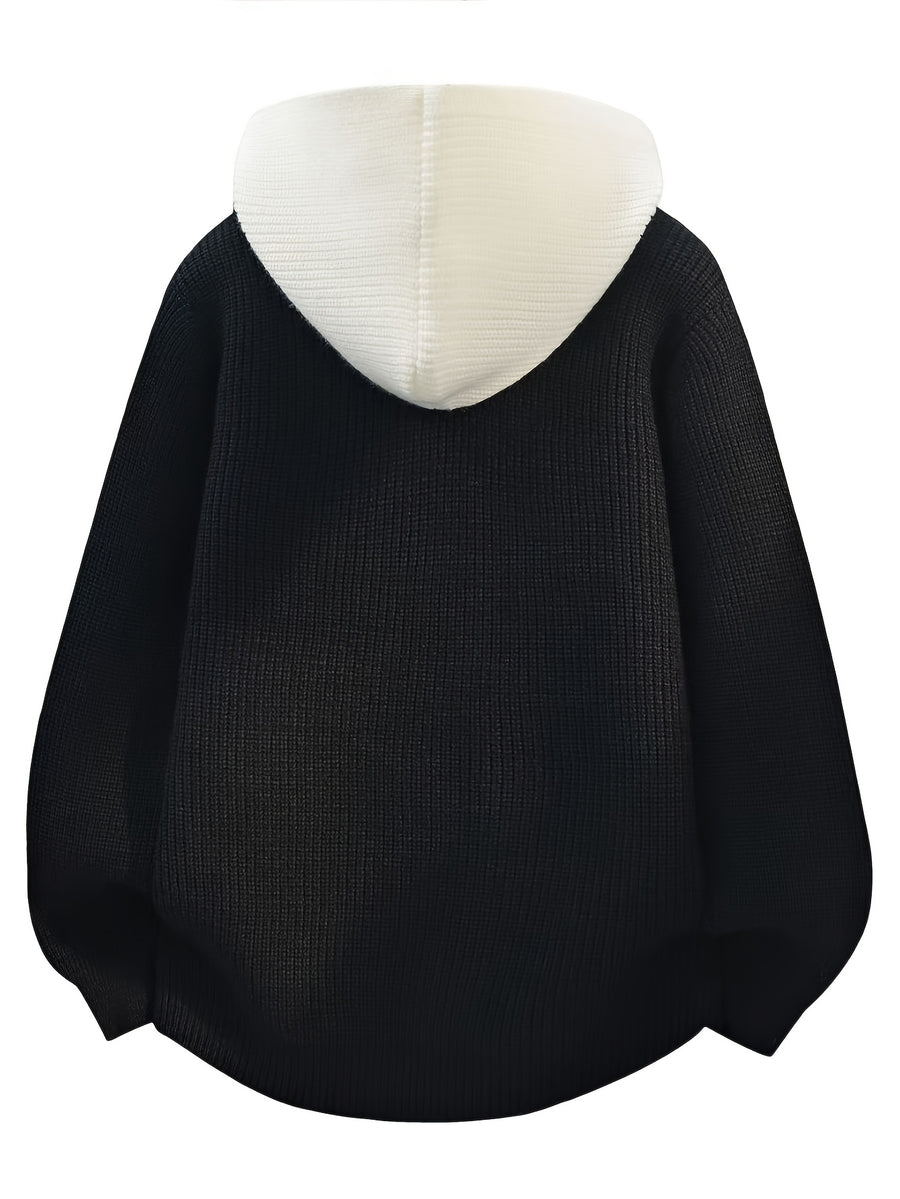Christmas, Thanksgiving, New Year's Eve, Men's 2-in-1 Look Color Block Hooded Cardigan, Acrylic Blend, Available in Black, Red, Gray, Multiple Colors, Sweatshirt + Cardigan Design, Two-Way Styling in One Top, New Autumn/Winter Men's Regular - Black