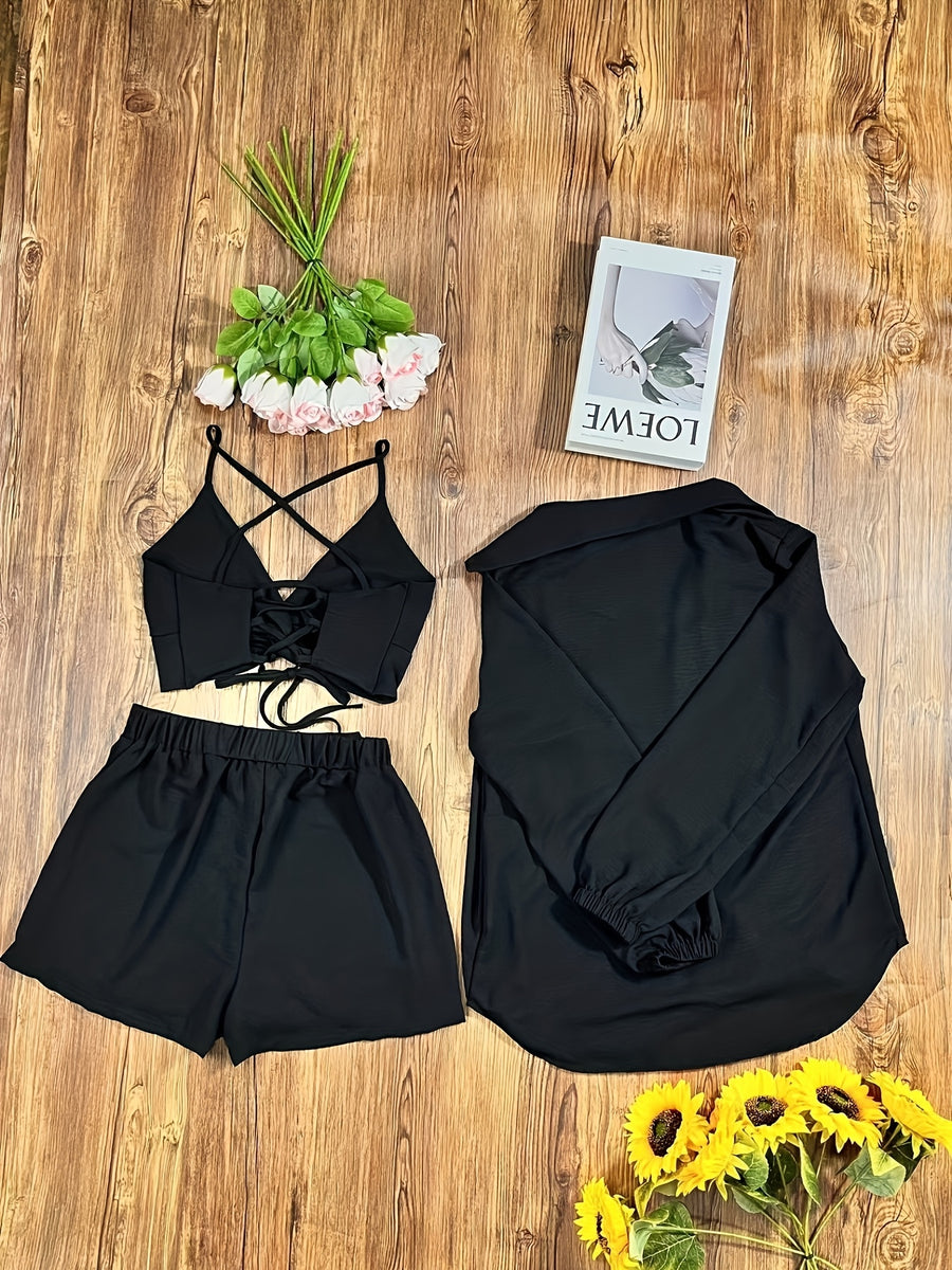 Women's Three-Piece Set: Camisole Top, Shorts & Shirt - Perfect for Daily Commute Vacation - Black
