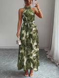 Women's Elegant High Lace Collar & Waist Belt A-Line Dress - Sleeveless Long Formal Wedding Bridesmaid Dress with Floral Print, Machine Washable Suitable for Prom, Special Occasions, Bridesmaids Dresses - Green