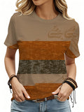 Women's Vintage Western Brown Patchwork Striped T-Shirt - Short Sleeve Full-Body Patchwork Print Top with Suitable for Farm Trips, Casual Summer Style Tunic for Casual Attire & Layering - Mixed colors