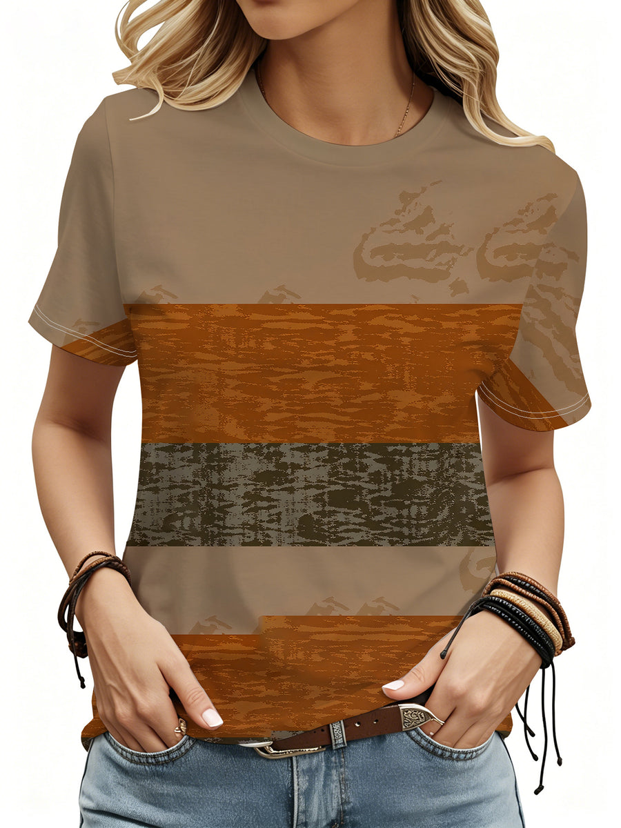Women's Vintage Western Brown Patchwork Striped T-Shirt - Short Sleeve Full-Body Patchwork Print Top with Suitable for Farm Trips, Casual Summer Style Tunic for Casual Attire & Layering - Mixed colors
