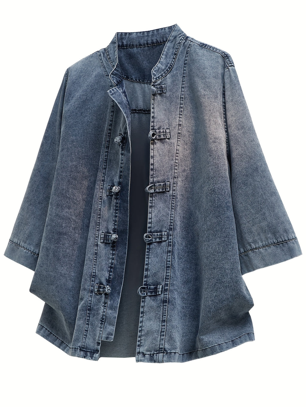 Xingmengzhi OBM Men's Denim Shirt, Three-Quarter Sleeve Loose Fit New Chinese Style Chinese-Inspired Button-Up Top, Stand Collar Thin Denim Cardigan - Blue