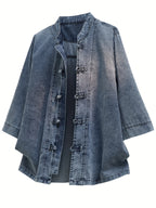 Xingmengzhi OBM Men's Denim Shirt, Three-Quarter Sleeve Loose Fit New Chinese Style Chinese-Inspired Button-Up Top, Stand Collar Thin Denim Cardigan - Blue