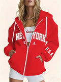 American Casual Style Women's Sweatshirt with Letter Print, Casual Zip-Up Hoodie in Loose Fit, Suitable for Autumn & Winter Wear - Red