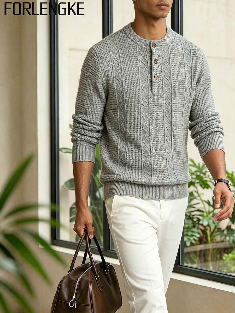 FORLENGKE Autumn/Winter New Arrival Men's American Manor Vintage Style Henley Neck Knit Sweater, Vertical Cable Waffle Knit Patchwork Texture, Regular Shoulder Fitted Cut, Autumn/Winter Manor Vacation Countryside Stroll Coffee Break Daily Streetwear - Clip Grey