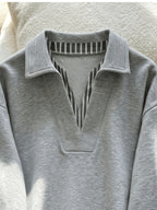 Grey Long-Sleeve 2-in-1 Look Sweatshirt for Women, Stylish Loose Fit, Casual, Age-Reducing, Top - Black striped collar