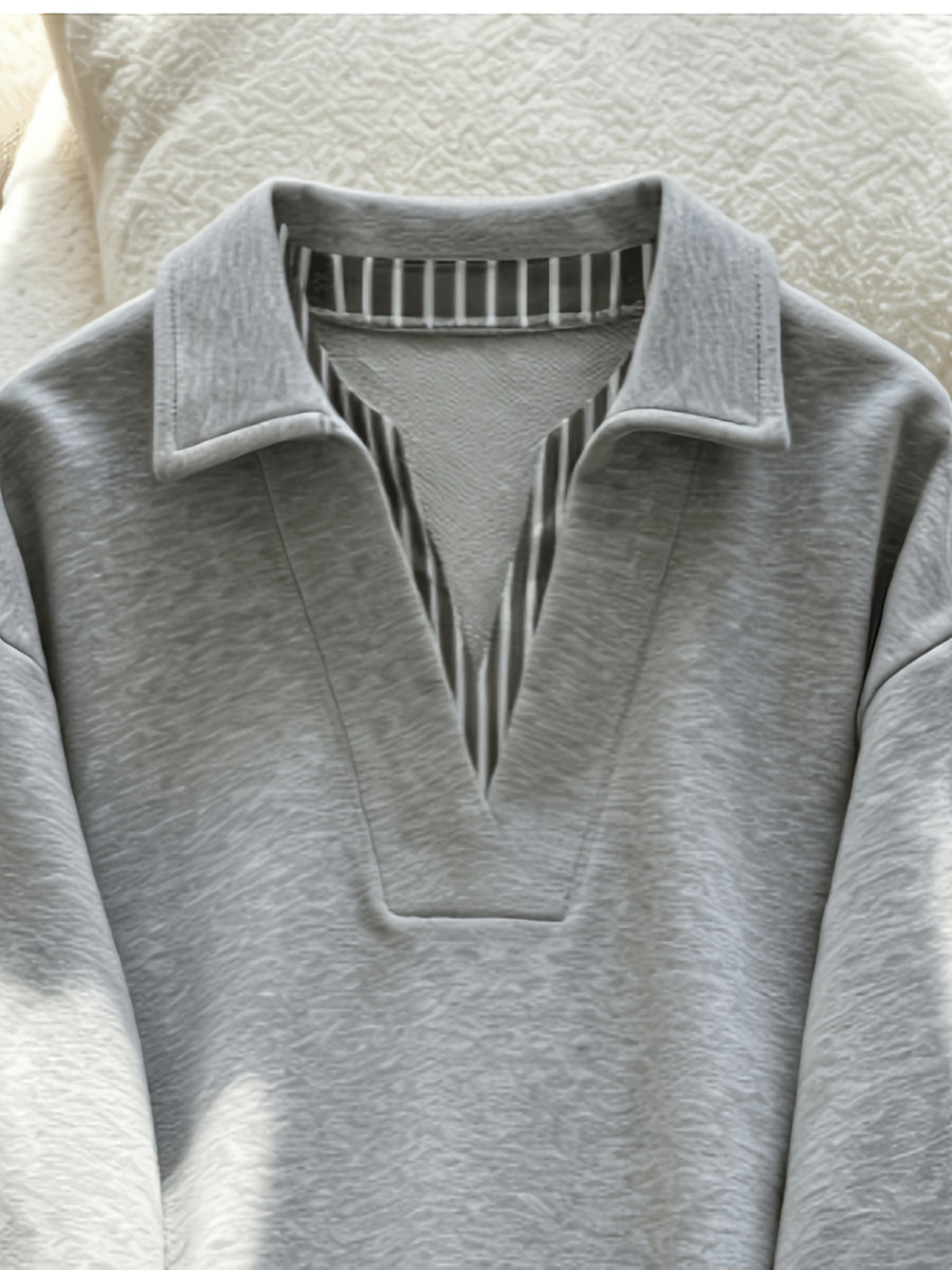 Grey Long-Sleeve 2-in-1 Look Sweatshirt for Women, Stylish Loose Fit, Casual, Age-Reducing, Top - Black striped collar