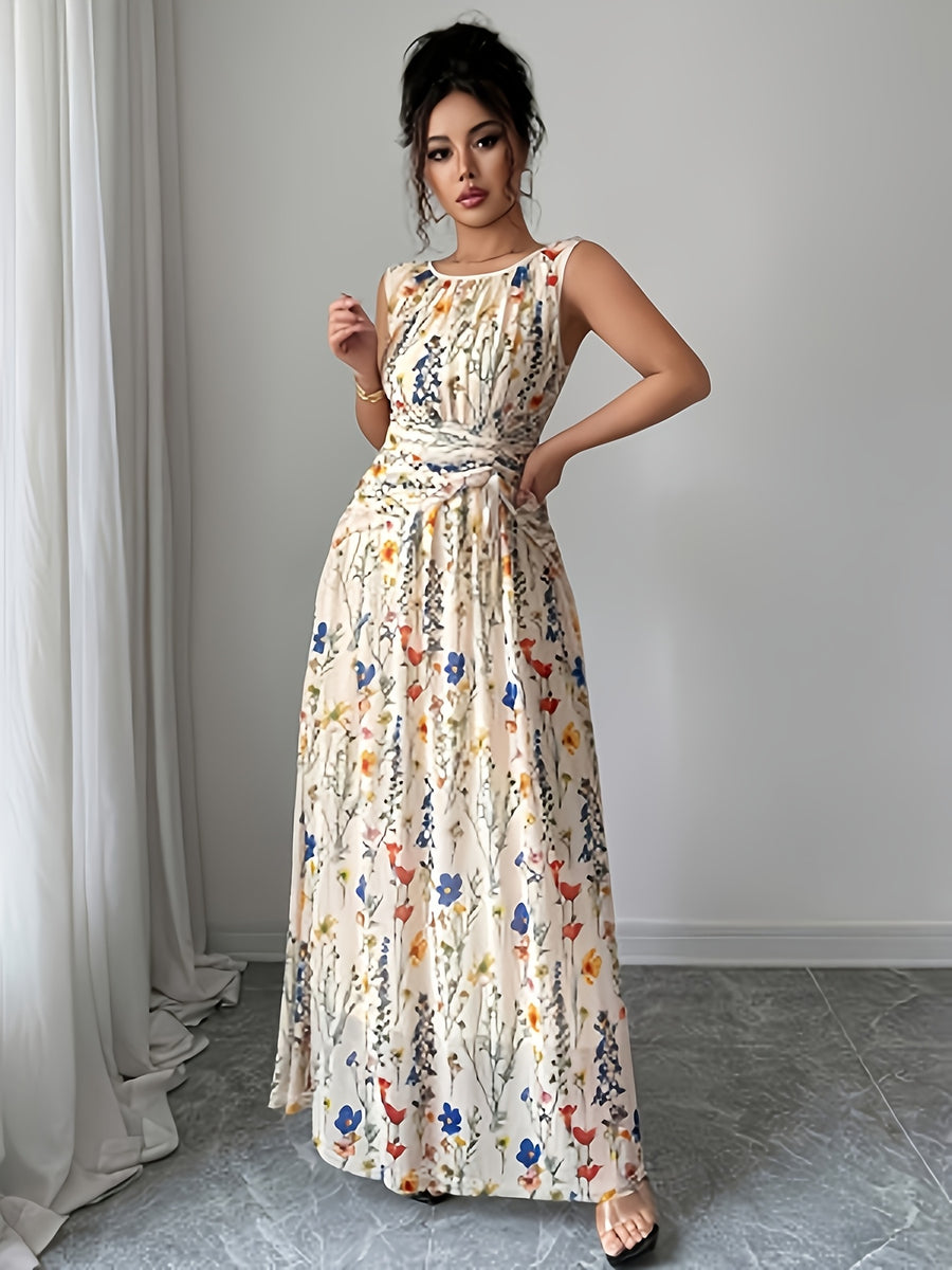 Spring/Summer Women's Elegant Fresh Floral Mesh Apricot Round Neck Waist-Tie Drawstring A-Line Sleeveless Maxi Dress YY251221206 - Multicolor
