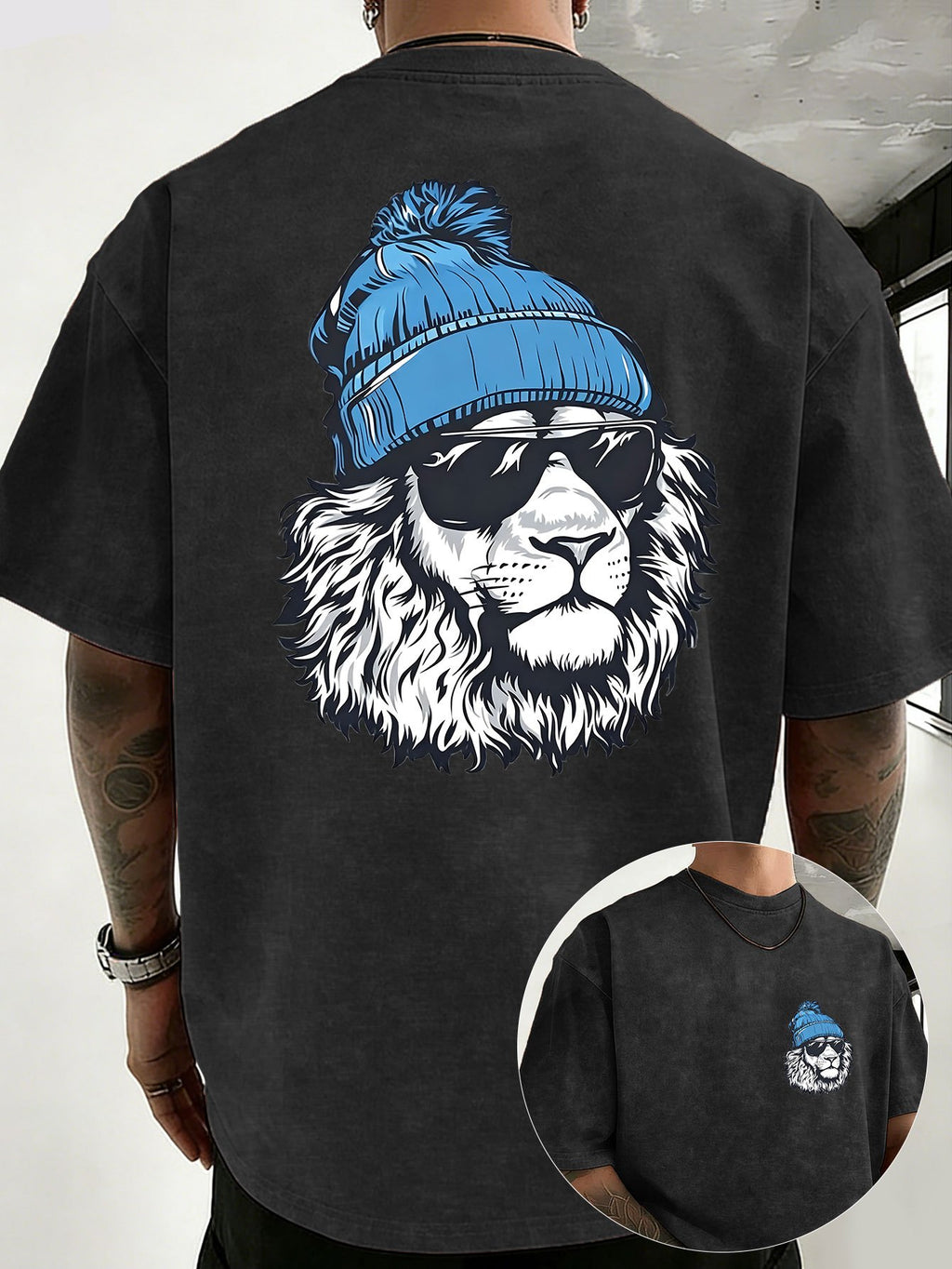 Men's Heavyweight Washed Distressed Loose-Fit Short-Sleeve T-Shirt with Reversible Print, Available in 12 Colors for Mix & Match, National Trend Y2K Style for Daily Commuting, Sports, Fitness, Couples, Streetwear, and Outings - Black