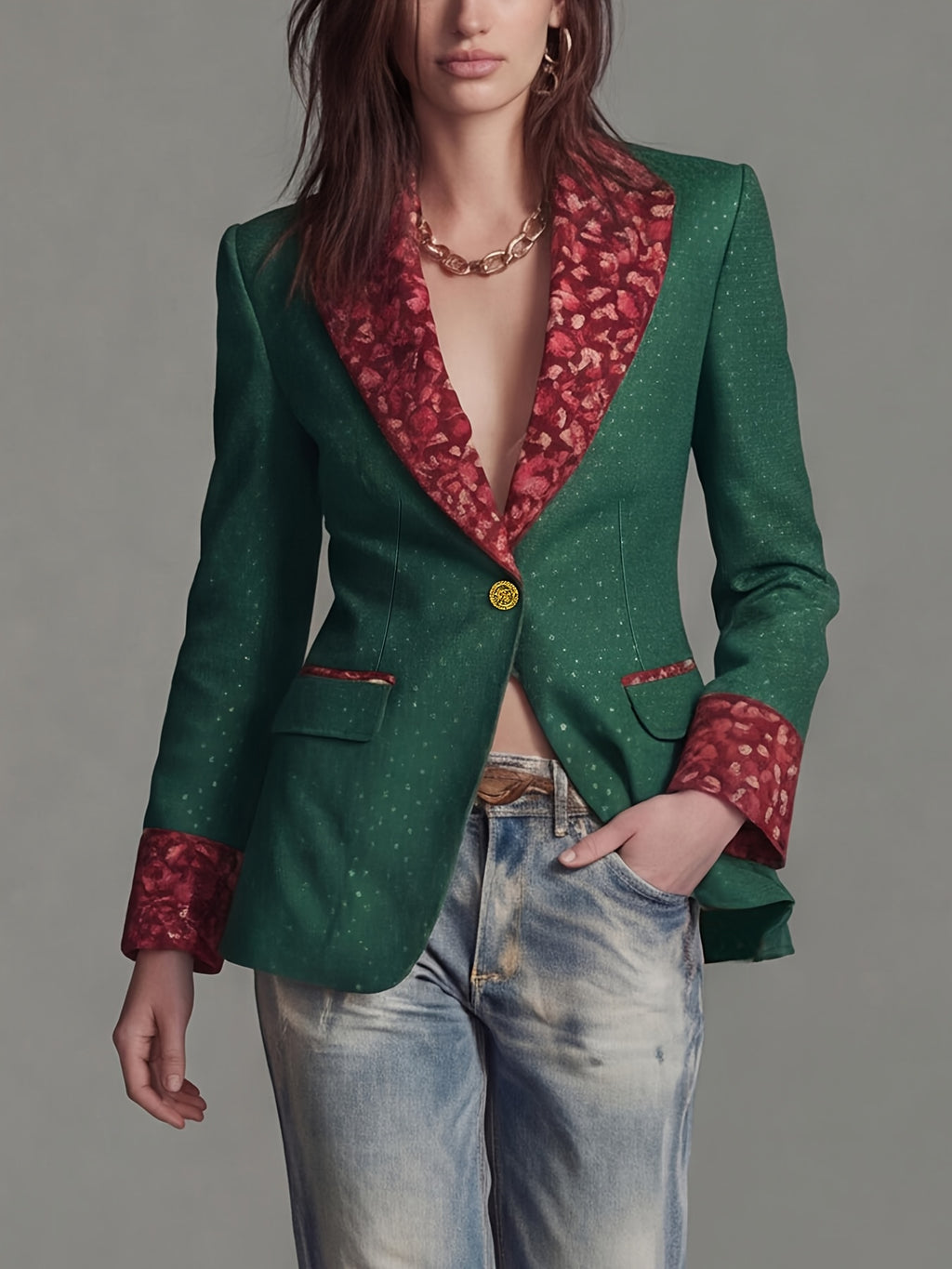 Women'S New Style Temperament Polka Dot Printed Sleeve And Collar Patchwork Floral Fashion Commuter Waist-Cinching Suit Jacket with Lining And Pockets - Green