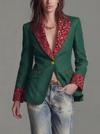 Women'S New Style Temperament Polka Dot Printed Sleeve And Collar Patchwork Floral Fashion Commuter Waist-Cinching Suit Jacket with Lining And Pockets - Green