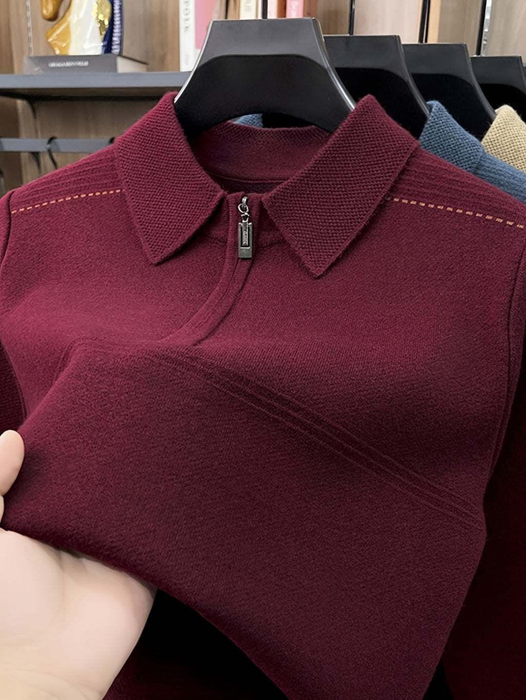 Men's Thickened Lapel Half-Zip Pullover Long-Sleeve Sweater with Ribbed Cuffs and Hem, Autumn/Winter Style, Suitable for Layering or Wearing Alone, Business Casual Style - Burgundy