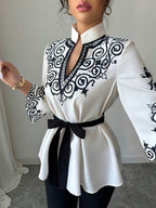 Ladies' Elegant Printed Mid-length Loose Belted Shirt - White