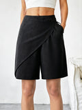 Women's Fashion Elastic Waist Wide-Leg Shorts - Designer Casual Pants - Black
