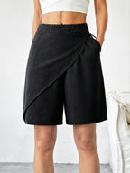 Women's Fashion Elastic Waist Wide-Leg Shorts - Designer Casual Pants - Black