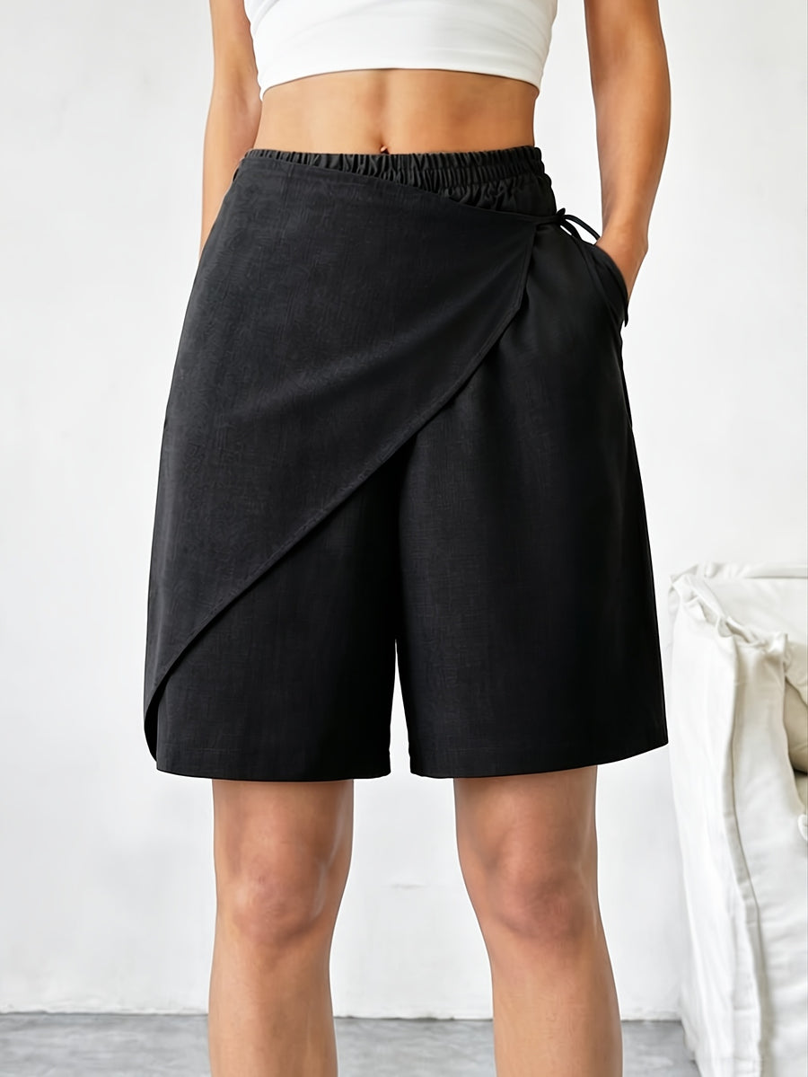Women's Fashion Elastic Waist Wide-Leg Shorts - Designer Casual Pants - Black