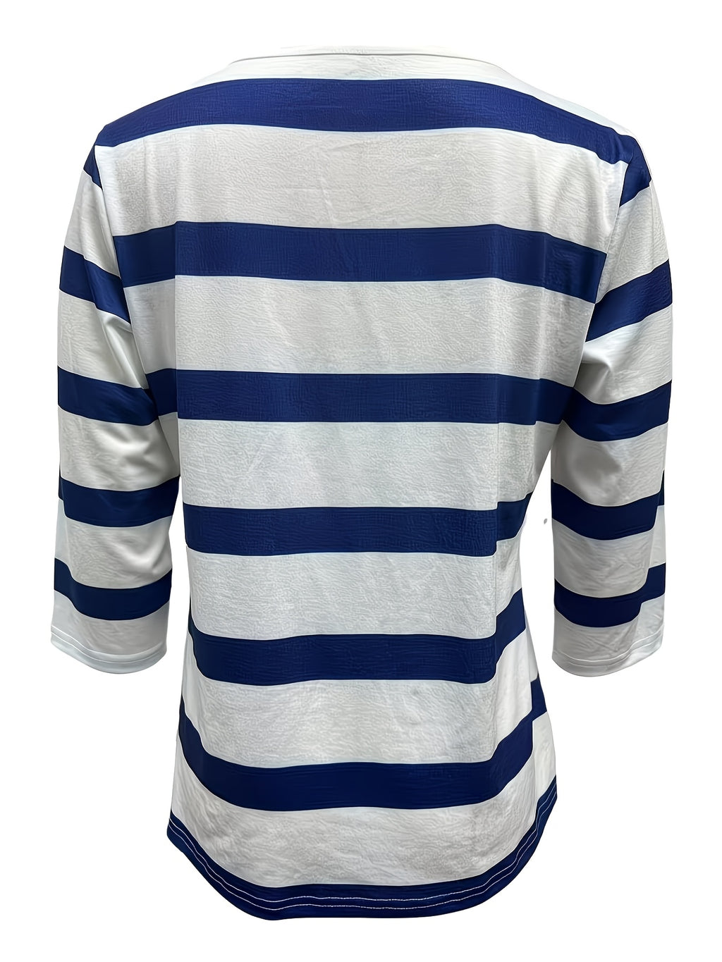 Women's Fashion New Spring/Summer Striped Print V-Neck Button-Up Three-Quarter Sleeve Loose Fit Casual Top Base Tee, Comfortable and Stylish - Suitable for Daily Wear and Home - Blue Mixed White