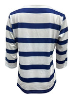 Women's Fashion New Spring/Summer Striped Print V-Neck Button-Up Three-Quarter Sleeve Loose Fit Casual Top Base Tee, Comfortable and Stylish - Suitable for Daily Wear and Home - Blue Mixed White