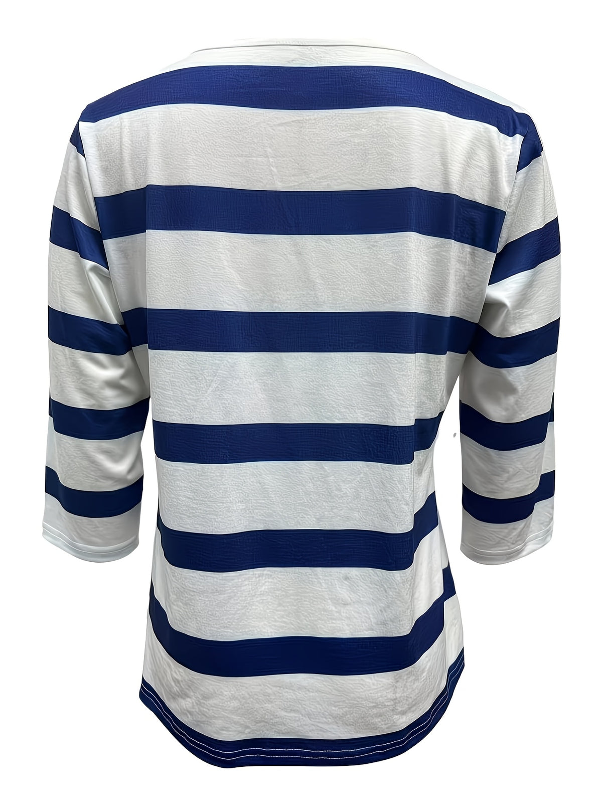 Women's Fashion New Spring/Summer Striped Print V-Neck Button-Up Three-Quarter Sleeve Loose Fit Casual Top Base Tee, Comfortable and Stylish - Suitable for Daily Wear and Home - Blue Mixed White