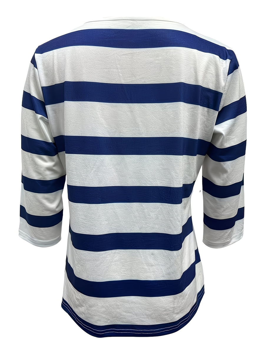 Women's Fashion New Spring/Summer Striped Print V-Neck Button-Up Three-Quarter Sleeve Loose Fit Casual Top Base Tee, Comfortable and Stylish - Suitable for Daily Wear and Home - Blue Mixed White