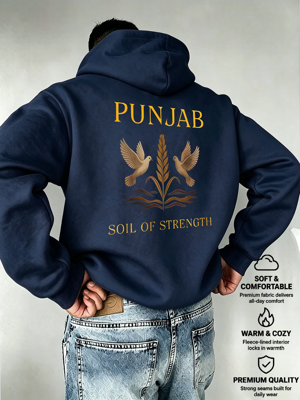 Men'S Hooded Sweatshirt PUNJAB Wheat Print Western Regional Style Mature Men'S Top - Navy Color