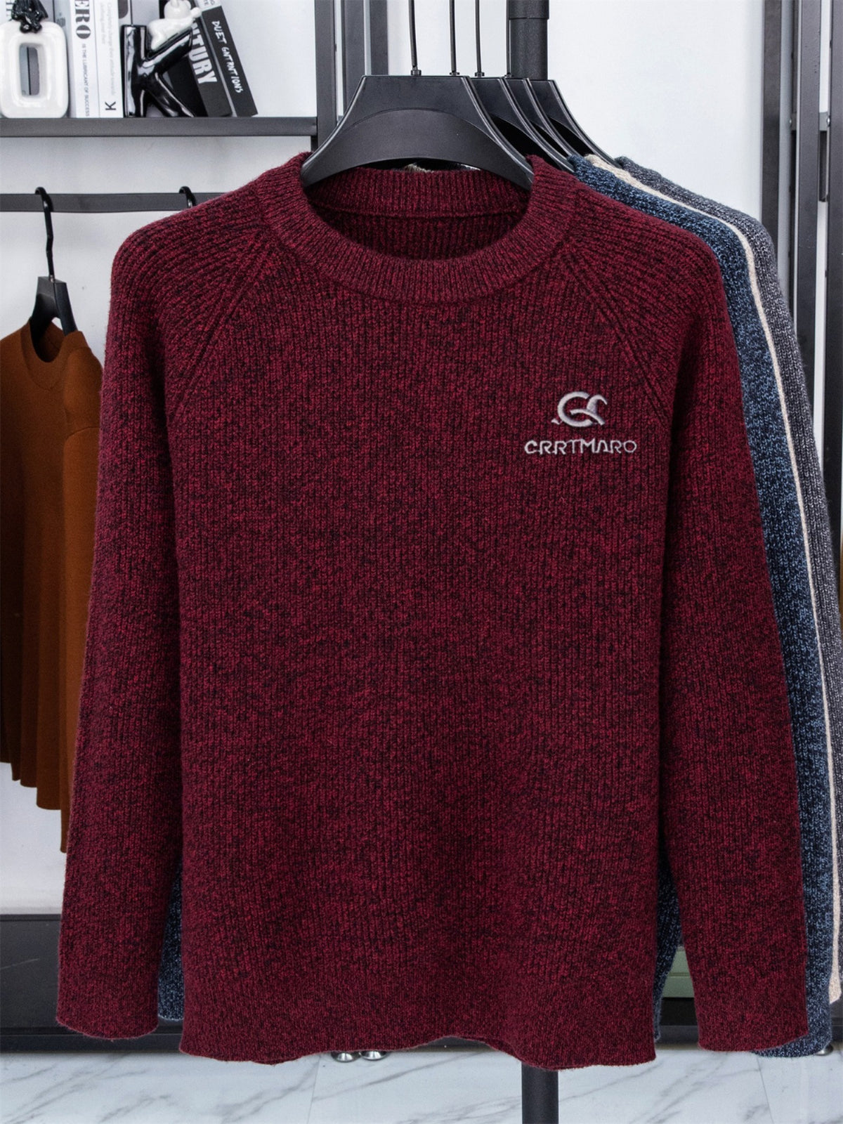 Men's ZBZP 3D Solid Color Knit Sweater - Thick Warm Crewneck Pullover Sweater Suitable for Fall/Winter, Casual Long-Sleeve Basic Sweater for Office & Casual Attire, Hand Washable Solid Color Round Neck Knitwear - Dark Red