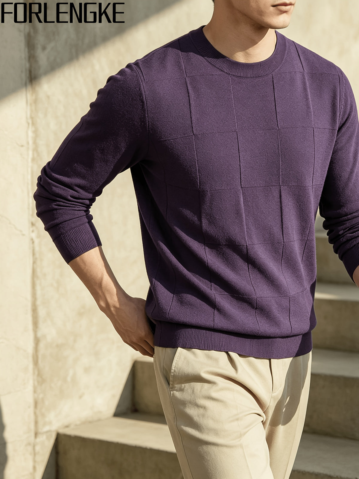 FORLENGKE Men's Casual Commuter-style Checkered Knit Sweater with Checkered Jacquard, Soft and Breathable Knit Fabric, Classic Crew Neck Long-sleeve Pullover Style, Suitable for Various Outfit Occasions, Autumn and Winter Daily Casual Men's Top - Purple